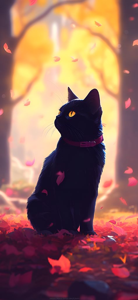 An atmospheric autumn scene of a black cat sitting in a forest, with vibrant red leaves raining down. Fall Wallpaper Black, Black Cat Sitting, Aesthetic Wallpaper Iphone, A Black Cat, Red Leaves, Wallpaper Black, Cat Sitting, Aesthetic Wallpaper, Wallpaper Iphone