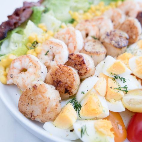 Seafood Cobb Salad, Dill Vinaigrette, Seafood Cioppino, Salad With Dill, Classic Cobb Salad, How To Cook Scallops, Cobb Salad Recipe, Sea Scallops, Large Shrimp