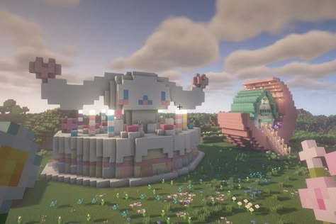 Minecraft Inspo Cute, Cinnamoroll Minecraft House, My Melody Minecraft House, Hello Kitty Minecraft Builds, Cinnamoroll Minecraft, Jellyfish Minecraft, Minecraft Pink Builds, Minecraft Pink Castle, Sanrio Minecraft Builds