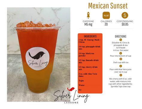 How to Make the Mexican Sunset Loaded Tea: A Waka Boosted Tea Recipe Mexican Lollipop, Instant Tea Powder, Silver Lining Lessons, Mexican Sunset, Limeade Drinks, Guarana Powder, Blueberry Drinks, Herbalife Teas, Pineapple Tea