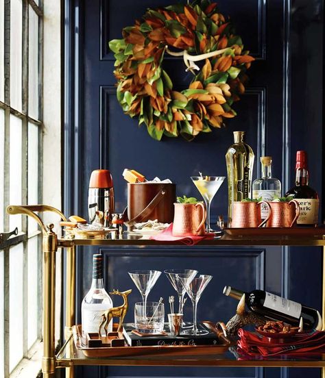 Party Planner: Holiday Cocktail Party Living Room Bar Carts, Living Rooms With Bar Carts, Kegerator Bar Cart, Bar Cart In Front Of Fireplace, Gold Bar Cart Target, Gold Bar Cart Styling, Bandeja Bar, Diy Bar Cart, Gold Bar Cart