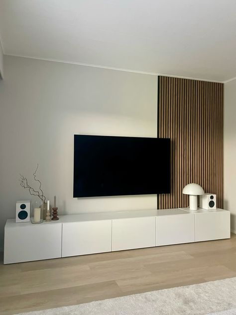 Our tv-wall just got a modern upgrade with sleek paneling 🪚 Panelling And Tv On Wall, Wall Panelling Tv Area, Vj Panelling Tv Wall, Panelled Wall With Tv, Panelled Walls Living Room Modern, Wooden Panelling Living Room, Panel Wall Behind Tv, Wood Panels Behind Tv, Wall Panel Behind Tv