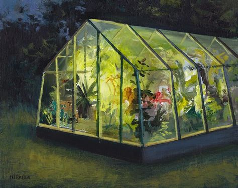 Greenhouse at Night by Jeremy Miranda Ohkii Studio, What Is A Conservatory, Greenhouse Architecture, Jeremy Miranda, Greenhouse Inspiration, Botanical Painting, Night Art, Plant Illustration, Contemporary Landscape