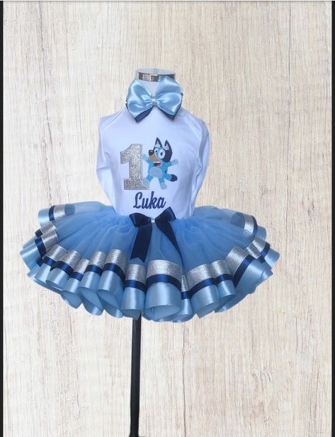 Cute bluey tutu outfit. Available now. Bluey Party Outfit, Bluey Outfit For Toddler Girl, Bluey Birthday Outfit For Girl, Bluey Birthday Outfit, Bluey First Birthday, Bluey Dress, First Birthday Outfit Girl, 1st Birthday Tutu, Puppy Cake