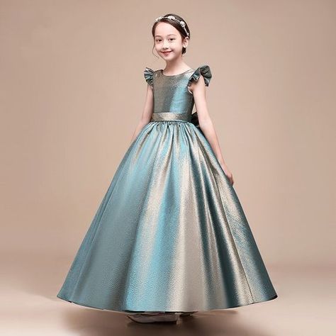 Gown For Kids Girl, Origami Jar, Bridal Frock, Prom Dress Aesthetic, Green Prom Dress Long, Flower Girl Dresses Blue, Long Flower Girl Dresses, Satin Ball Gown, Simple Frocks