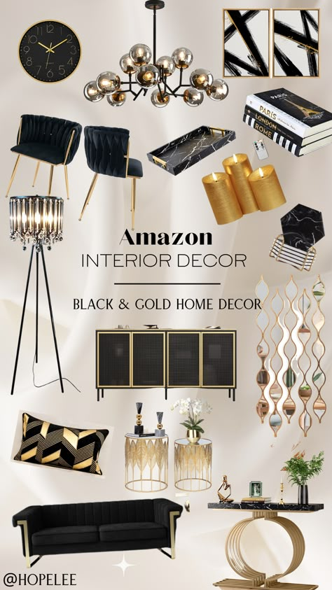 Gold Decor Living Room, Must Have Furniture, Black And Gold Decor, Luxury Apartment Decor, Black Gold Decor, Gold Interior Design, Black Gold Bedroom, Black And Gold Living Room, Furniture For Bedroom