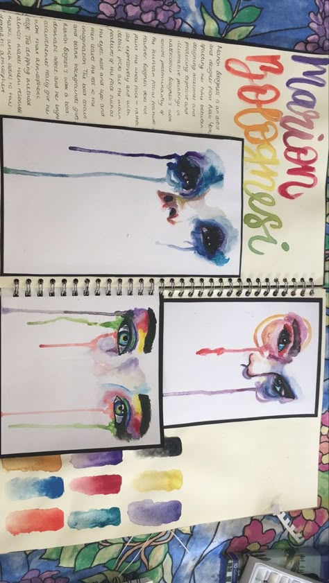 Identity Art Gcse Artist Research, Gcse Art Response Page, Marion Bolognesi Artist Research, Artist Sketchbook Ideas, Identity Artist Research Page, Colourful Artist Research Page, Artist Response Page Gcse, Gcse Art Background Ideas, Colour Theory Sketchbook Page