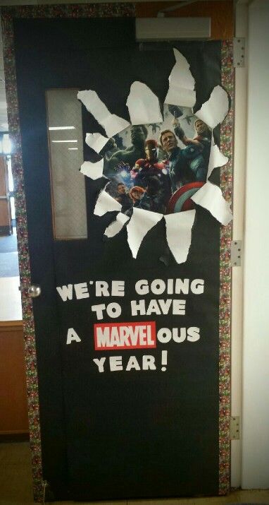 The door to my classroom had to match my theme this year: THE AVENGERS! I'm definitely ready for a MARVELous year! Marvel Door Decorations Classroom, Avengers Classroom Door, Marvel Classroom Door, Super Hero Door Decorations Classroom, Avengers Classroom Theme, Superhero Classroom Door, Hero Classroom Theme, Superhero School, Avengers Theme