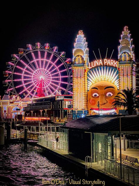 Theme Park At Night, Theme Park Aesthetic Night, Amusement Park Aesthetic Night, Luna Park Aesthetic, Park Aesthetic Night, Amusement Park Aesthetic, Sydney Aesthetic, Australian Prints, Sydney Trip