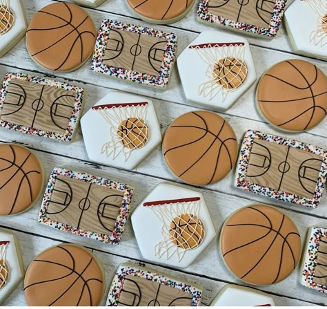 Sports Birthday Cookies Decorated, Basketball Theme Cookies Decorated, Sports Cookies Royal Icing, March Madness Cookies Decorated, Team Themes Ideas Sports, Basketball Themed Cookies, Sports Birthday Cookies, Basketball Royal Icing Cookies, Basketball Birthday Cookies