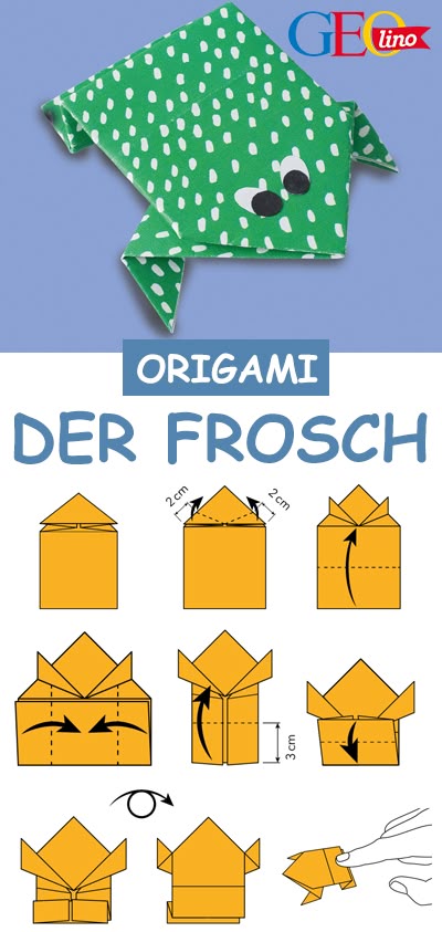 Mit dieser Origami-Technik faltet ihr einen Frosch. Die ganze Anleitung liefert euch GEOlino! #basteln #origami #falten #frosch #bastelnmitkindern #papier #diy Origami Frog, Origami Yoda, Best Origami, Origami Bookmarks, Origami Star Box, Origami Techniques, Origami Ball, Origami Envelope, Kids Origami