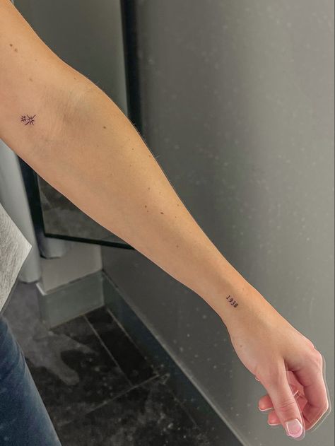 Small Back Of The Arm Tattoo, Year Tattoo Placement Ideas, Arm Tattoo Dainty, Parents Birth Year Tattoo, Dainty Arm Tattoos For Women, 00 00 Tattoo, 1976 Tattoo, Tattoos For Your Kids, Tattoo Arm Placement