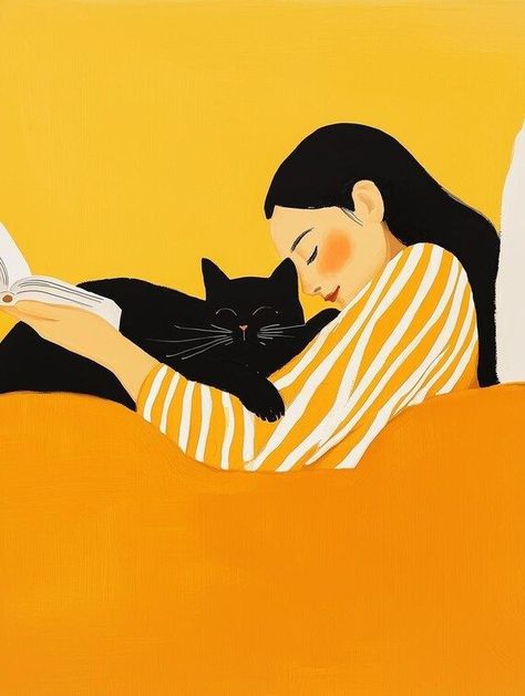 Cozy Cat Companionship Wall Art in Gentle Yellow Tones Inspired by Alex Katz Canvas Print | Original | 24x36" | Stretched Canvas by CustomCanvasCurators 🎨✨ Just added this enchanting artwork to my collection! It captures the sweet bond between a woman and her sleek black cat against a vibrant yellow backdrop. The cozy vibes and playful style make it a perfect addition to any living space. Who else loves filling their home with art that celebrates the joy of pet companionship? 🐾💛 #ArtfulComp... Woman With Cat Painting, Woman And Cat Illustration, Comfort Illustration, Cat Portrait Painting, Alex Katz, Cozy Cat, Yellow Hues, Warm Yellow, Stylish Living Room