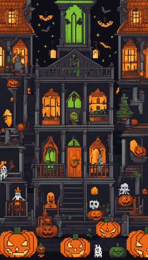 Halloween Pixel Art Halloween Screensavers, Witchy Wallpapers, Halloween Pixel Art, Etching Tattoo, Spooky Aesthetic, Pixel Art Landscape, Witchy Wallpaper, 8 Bits, Aesthetic Halloween