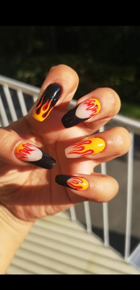 Black Nails With Orange Flames, Flames French Tip Nails, Flame Nails Black And Red, Black And Orange Flame Nails, Red And Orange Flame Nails, Orange Flame Acrylic Nails, Black Nails Red Flames, Black Flame Nail Designs, Fire Flame Nail Design