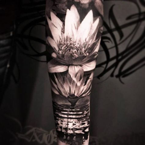 Lotus flower tattoo eD sleeve on arm Realism Tattoo Leg Sleeve Women, Black And White Flower Tattoo Cover Up, Large Black Cover Up Tattoos For Women, Negative Space Tattoo Flower, Realistic Flower Tattoo Black And White, Realistic Lotus Flower Tattoo, Realism Flower Tattoo, 3d Flower Tattoos, Celtic Angel