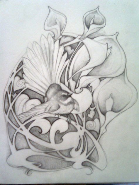 http://chinchilla-girl.deviantart.com/art/Fantail-Art-Nouveau-258480147 Art Nouveau Tattoo Flower, Art Nouveau Bird, Art Deco Drawing, Art Deco Tattoo, Art Nouveau Tattoo, Nouveau Tattoo, Art Nouveau Illustration, Art Nouveau Flowers, Bird Tattoo