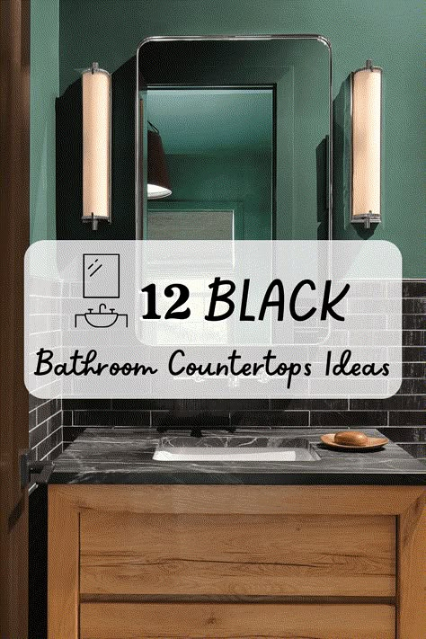 Small Bathroom Black Countertop, Black Counter Bathroom Decor, Black Countertops Bathroom Ideas, Black And White Bathroom Countertops, Dark Sink Bathroom, Vanities With Black Countertops, Black Granite Countertop Bathroom, Bathroom With Black Vanity Top, Black Bathroom Sink Ideas