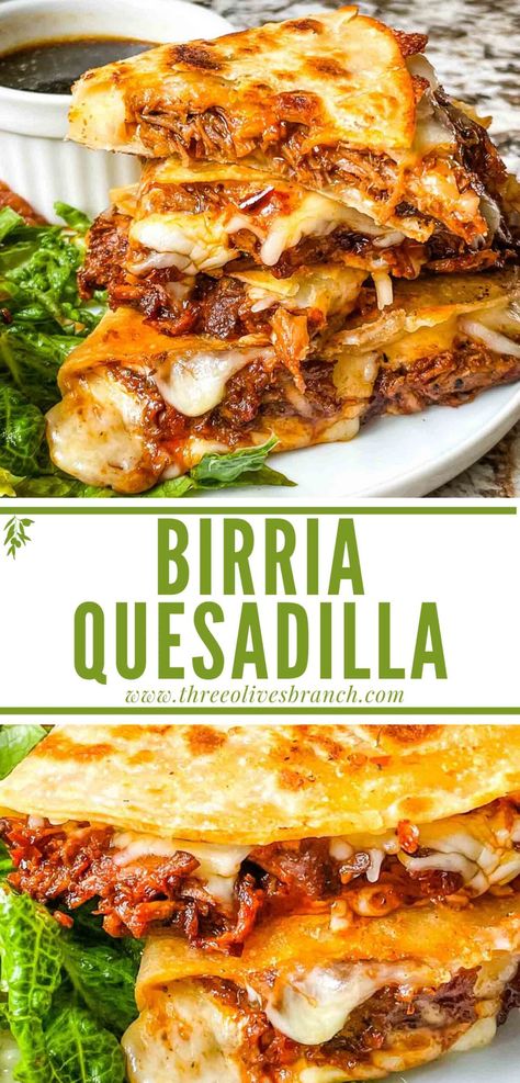 Birria Quesadilla is an amazing Mexican recipe of shredded beef seasoned with smoked dried peppers and cheese in a tortilla. A spicy and delicious chuck roast recipe for an appetizer, game day, or main course. Quesadilla Recipes On Blackstone, Mexican Dish Recipes Dinners, Chuck Roast Quesadilla, Pulled Beef Quesadillas, Shredded Beef Quesadilla Recipes, Carnitas Quesadilla Recipes, Shredded Beef Mexican Recipes, Shredded Beef Meal Ideas, Mexican Food Dinner Recipes