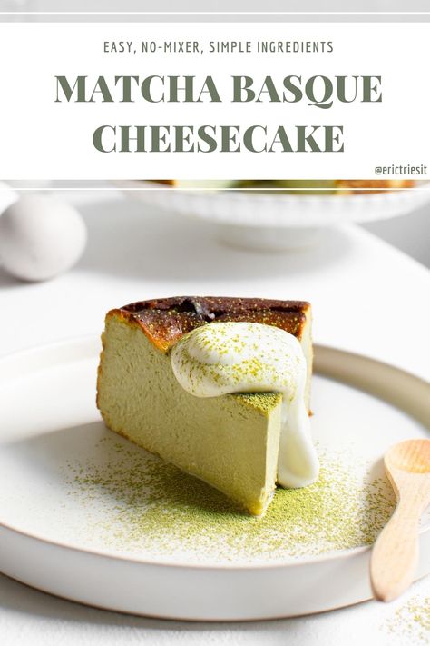 matcha burnt basque cheesecake with a dollop of whipped cream. Lightly dusted with matcha green tea powder. Matcha Cheesecake Recipe, Tea Cheesecake, Green Tea Cheesecake, Cheesecake With Whipped Cream, Matcha White Chocolate, Pistachio Cheesecake, Matcha Cheesecake, Vancouver Food, Mango Cheesecake