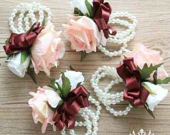 Bridemaid Flowers, Corsage Burgundy, Rose Wrist Corsage, Wrist Corsage Wedding, Burgundy And Blush Wedding, Bridesmaid Corsage, Wrist Flowers, Corsage And Boutonniere, Bridal Bouquet Flowers