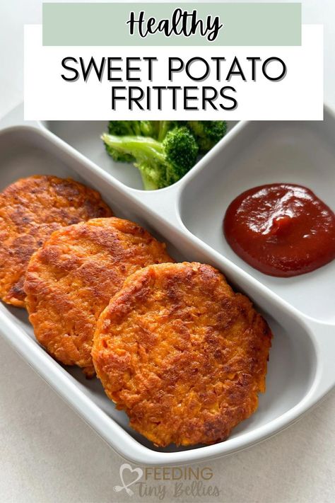 Sweet potatoes are an amazing first food for babies. They are a great source of fiber, vitamins, and minerals. These easy fritters are a great way to serve sweet potatoes to your baby or toddler that the whole family can enjoy. Serve them as-is or with your favorite dip for a quick lunch! Sweet Potato Recipes Toddler, Sweet Potato Bites For Baby, Sweet Potato Pancakes For Baby, Sweet Potato Tots Blw, Infant Meals, Sweet Potatoes For Baby, Sweet Potato Fritters Baby, Potato Fritters Recipe, Tiny Bellies