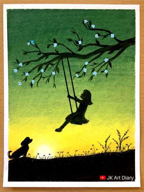 Little girl on swing || oil pastel drawing for beginners Aesthetic Poster Drawing, Oil Pestal Drawing, Oil Pastel Art Easy Ideas, Pastel Artwork Easy, Oil Pastel Artwork Easy, Easy Oil Pastel Art For Beginners, Pastel Colour Drawing, Oil Pastel Drawings For Beginners, Oil Pastels Drawings