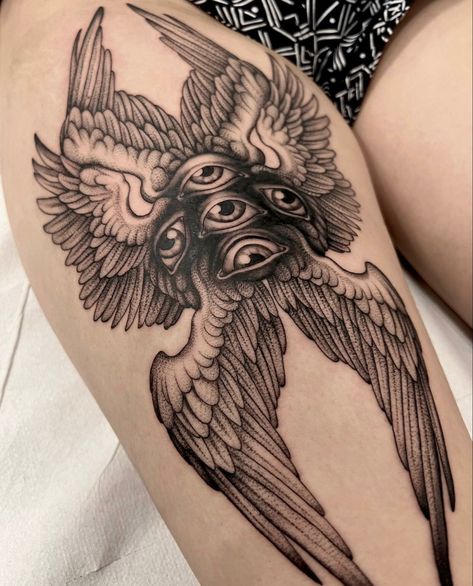 Angel Wings Knee Tattoo, Blackwork Angel Tattoo, Cherubim Tattoo, Seraphim Wings, Seraphim Tattoo Design, Biblical Angel Tattoo, Seraphim Angel Tattoo, Seraphim Tattoo, Biblically Accurate Angel Tattoo