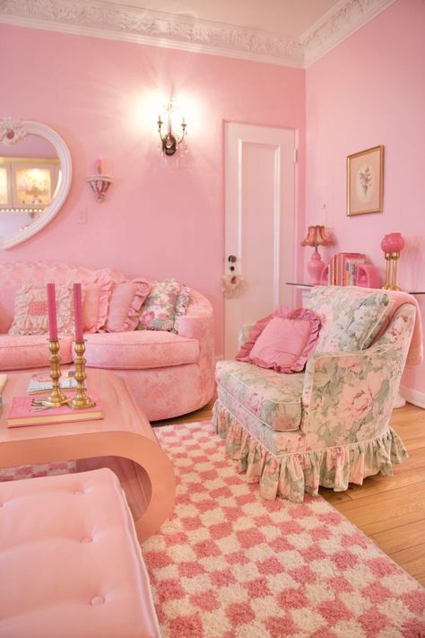 Pink tufted chairs, pink sofa, pink satin ottomans, pink checkered rug, pink mushroom lamp, pink lacquered coffee table, carousel pony, 80s doll house, girly, vintage Barbie, Bratz Doll, pink, shabby chic, tea party, pink ruffle curtains, pink lips phone, vintage pink light up hutch, heart chair, pink champagne, pink candy, pearls Rooms Decoration, Barbie Bedroom, Pastel Home Decor, Pink Furniture, Cosy House, Barbie Room, Pink Room Decor, Pink Living Room, Pastel Room