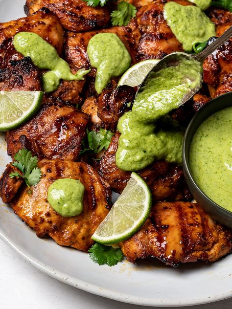 Peruvian-Style Chicken with Green Sauce (Aji Verde) - Sandra Valvassori Peruvian Chicken With Green Sauce (aji Verde), Peruvian Grilled Chicken With Creamy Green Sauce, Peruvian Hot Sauce, Purvian Chicken Recipes, Aji Panca Recipes, Peruvian Green Sauce Recipe, Peruvian Chicken With Green Sauce, Chicken With Green Sauce, Peruvian Green Sauce