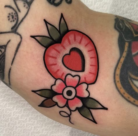 Traditional Tattoo Wrist, Traditional Tattoo Filler, Strawberry Tattoo, Brain Tattoo, Traditional Tattoo Inspiration, Pink Tattoo, Traditional Tattoo Sleeve, Traditional Tattoo Art, Tattoo Style Drawings