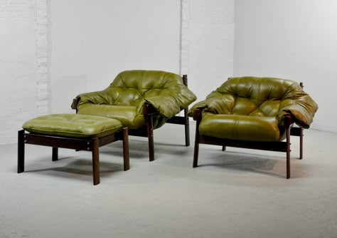 BEAUTIFUL SET OF OLIVE GREEN LEATHER LOUNGE CHAIRS WITH OTTOMAN BY PERCIVAL LAFER, 1960S | hunterpearl Olive Green Chair, Green Loungewear, Green Leather Chair, Percival Lafer, Mod Decor, Easy Chairs, Small Accent Chairs, Chair And Ottoman Set, Leather Lounge Chair