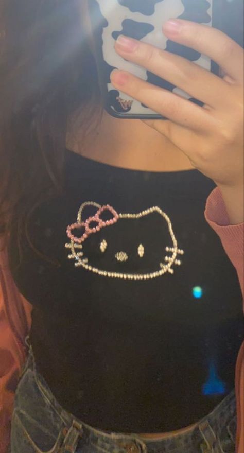 Rhinestone Top Aesthetic, Hello Kitty Rhinestone Shirt, Rhinestone Shirt Outfits, Diy Bedazzled Shirt, Y2k Rhinestone Top, Diy Rhinestone Shirt, Rhinestone Aesthetic, Rhinestone Clothes, Rhinestone Shirt Designs