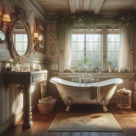 Clawfoot Tub Bathroom Master Bath, Bathroom Ideas Cottage, Farmhouse Bathroom Clawfoot Tub, Bathroom Ideas Clawfoot Bathtub, How To Paint A Clawfoot Tub, Vintage Cottage Bathroom, Guest Bathroom Clawfoot Tub, Cottage Bathrooms, Clawfoot Bathtub Aesthetic