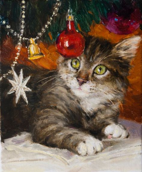 Under The Christmas Tree, Small Canvas Paintings, Christmas Tree Painting, Cat Artwork, Christmas Drawing, Russian Art, Christmas Paintings, Daily Paintworks, Cat Painting