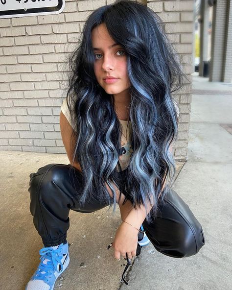 Black And Other Color Hair, Black Hair With Colored Peekaboos, Black And White Hair Dye Ideas, Black Hair With Blue Strands, Chunky Highlights Blue And Black, Black With Blue Peekaboos, Edgy Hair Color Ideas For Brunettes, Black Hair With Hint Of Blue, Hairstyle For 2023