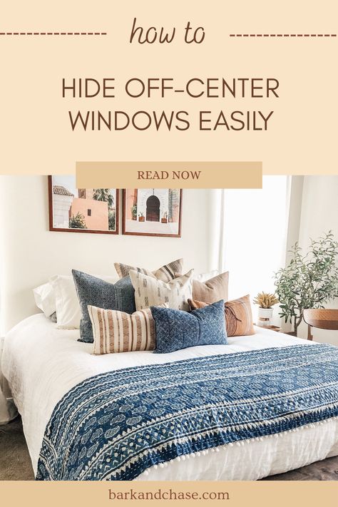 How to hide off-center windows behind your bed in a stylish way, offering viable tips for better bedroom design. The image illustrates practical decor methods using simple design techniques. Window Off Center Behind Bed, Off Center Windows Behind Bed, Uncentered Window Behind Bed, Bed Covering Window, Off Center Bedroom Window, Bed Up Against Window, Off Center Bed Placement, Off Centered Window Behind Bed, Beds In Front Of Windows