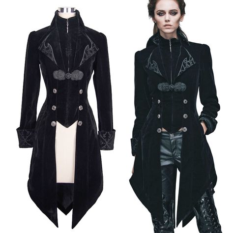 Devil Fashion Ladies Gothic Velvet Frock Coat | BOUDOIR NOIR Goth Coat, Steampunk Coat, Black Velvet Coat, Gothic Coat, Steampunk Dress, Steampunk Women, Gothic Looks, Style Steampunk, Unique Jackets