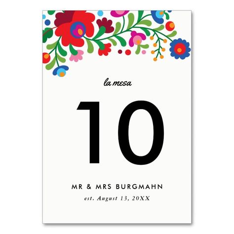 Colorful Mexican Embroidery Custom Table Number  Zazzle Custom Table Numbers, Mexican Embroidery, Table Names, Table Number, Wedding Table Numbers, Red Wedding, Custom Table, Table Numbers, Reception Decorations