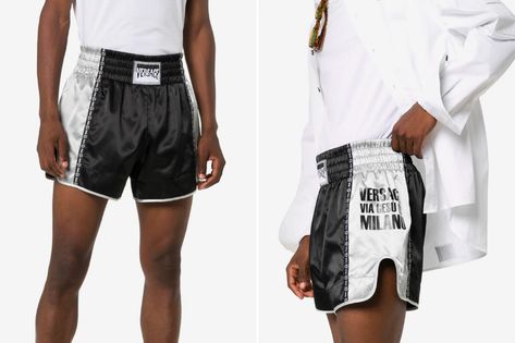 Versace Logo Patch Boxing Shorts Release | HYPEBEAST Boxing Streetwear, Boxing Shorts Outfit Men, Boxing Shorts Mens, Cute Boxing Shorts, Thai Boxing Shorts, Boxing Clothes, Versace Logo, Boxing Shorts, Italian Luxury