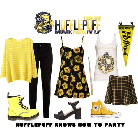 dress like a loyal hufflepuff on Polyvore featuring moda, Motel, Dr. Martens and Converse Hufflepuff Pride, Clothes Over Bros, White Vest, Romper Jumpsuit, Sweater White, Vest White, Yellow Sweater, Disney Stuff, Polyvore Set