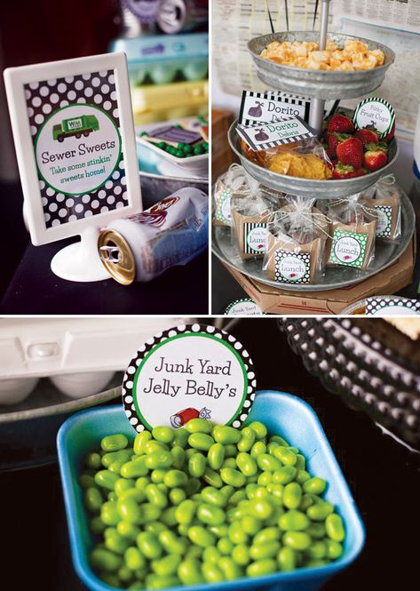 Boy's Trash Bash Birthday Party // Hostess with the Mostess® Trash Bash Birthday Party, Mud Cups, Blair Birthday, Truck Party Food, Newspaper Decor, Garbage Truck Cake, Garbage Truck Party, Trash Bash, Truck Theme Birthday