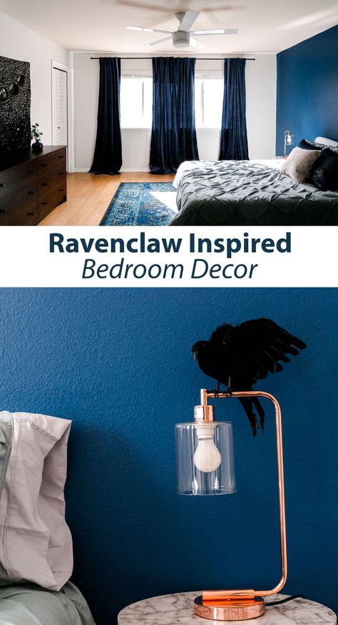 Ravenclaw-Inspired Bedroom #harrypotter #ravenclaw #airbnb #airbnbhost #abeautifulmess Ravenclaw Room Decor, Ravenclaw Bedroom Aesthetic, Ravenclaw Bedroom Ideas, Ravenclaw Inspired Bedroom, Ravenclaw Room Ideas, Harry Potter Room Decor Bedroom Ideas, Harry Potter Inspired Bedroom, Ravenclaw Bedroom, Ravenclaw Room