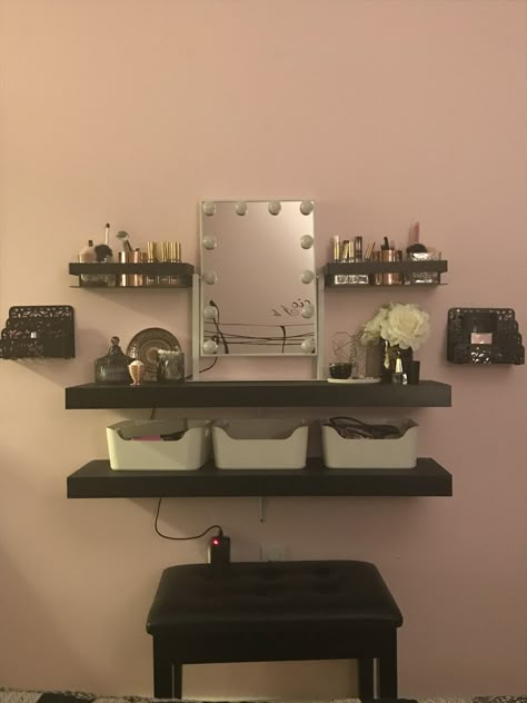 Vanity made with floating shelves. Simple Vanity Shelf, Floating Vanity Shelves, Floating Shelf Vanity Diy, Diy Wall Vanity Makeup Floating Shelves, Diy Vanity Shelves, Floating Shelves Vanity, Shelf Makeup Vanity, Floating Vanity Bedroom, Vanity Floating Shelves