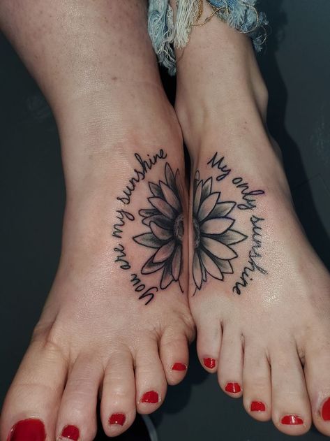 Sunflower Foot Tattoos, Family Tattoo, Cat Tattoos, Daughter Tattoos, Mother Daughter Tattoos, Matching Tattoo, Sunflower Tattoo, Tattoos For Daughters, Family Tattoos