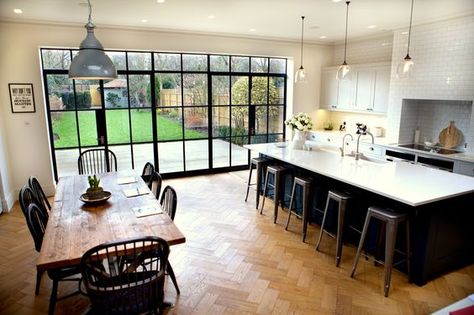 Kitchen Extension Ideas - Holly Goes Lightly Kitchen Diner Extension, Open Plan Kitchen Diner, Industrial Style Kitchen, Open Plan Kitchen Dining, Open Plan Kitchen Living Room, Steel Windows, House Extension Design, Kitchen Dining Living, Kitchen And Dining Room