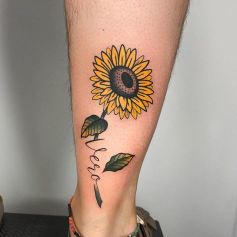 Sunflower Leg Tattoo, Leg Tattoo Stencil, Traditional Sunflower Tattoo, Traditional Sunflower, Tattoo Idea For Women, Watercolor Sunflower Tattoo, Good First Tattoos, Sunflower Tattoo Ideas, Pawprint Tattoo