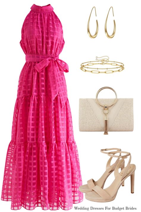 Pink dress, neutral sandals, summer outfit, outfit idea, wedding style Hot Pink Dress Accessories, Pink Wedding Guest Dresses, Summer Wedding Guest Outfit, Hot Pink Maxi Dress, Pink And Gold Dress, Hot Pink Weddings, Summer Wedding Guest, Summer Wedding Guests, Layered Chain