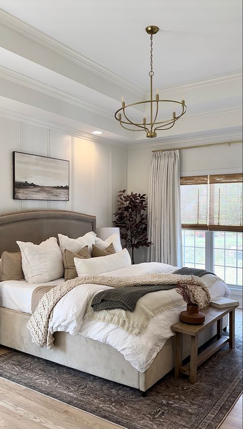 Master Bedrooms Brown, Accent Wall In Master Bed, Baseboards And Crown Molding, Barn Bedroom, Wall Dimension, Barn Bedrooms, A Reading Nook, Shades Window, Condo Bedroom