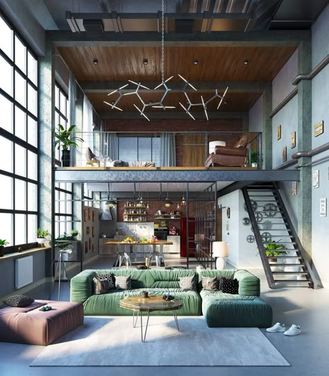 Mezanine Interior, Future Architect, Small Loft Apartments, Loft Apartment Industrial, Industrial Loft Design, Loft Designs, Loft Inspiration, Loft House Design, Industrial Home Design